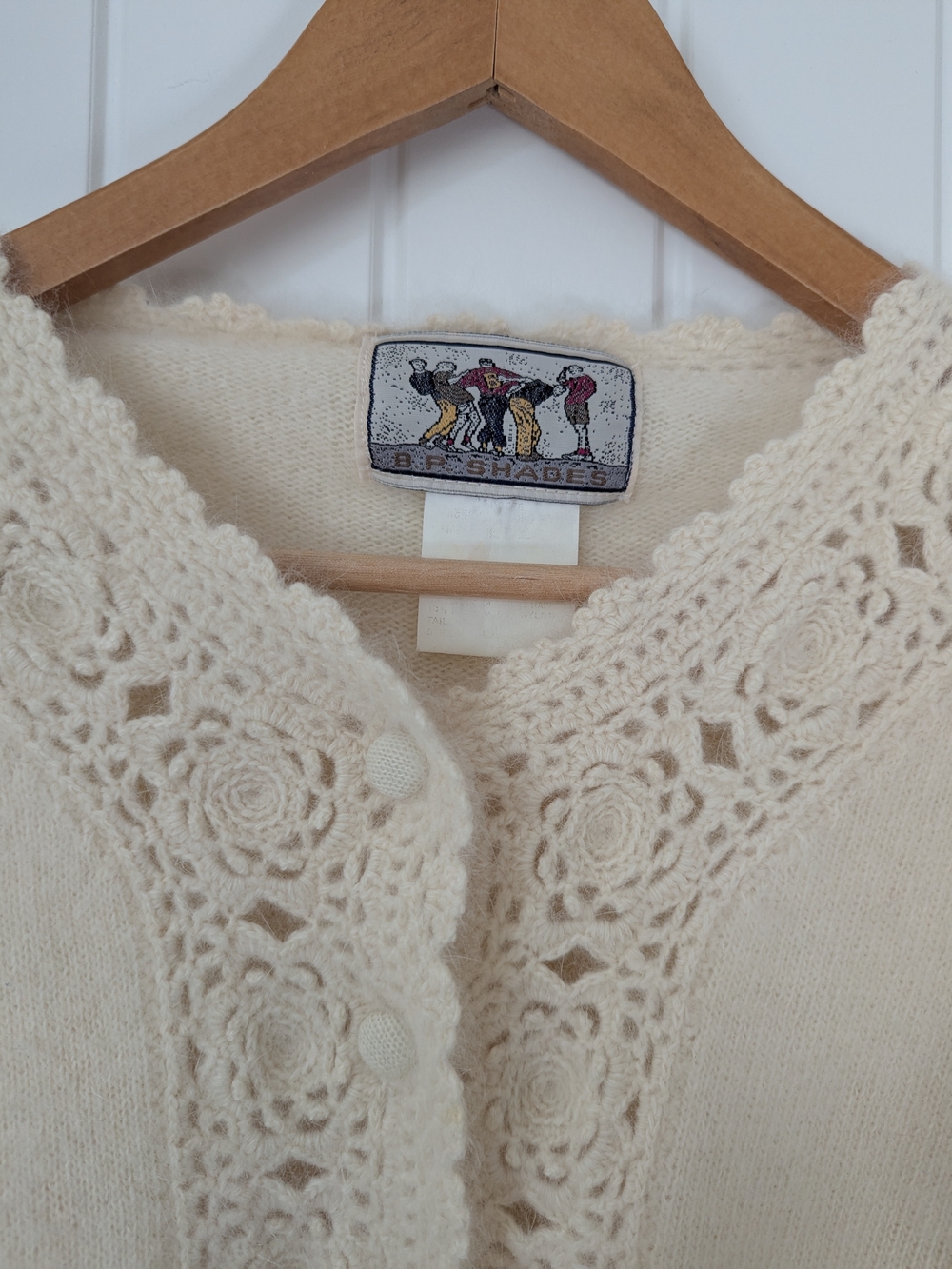 Vintage Cream Crochet Detail Knit Cardigan Sweater Fluffy Cozy M